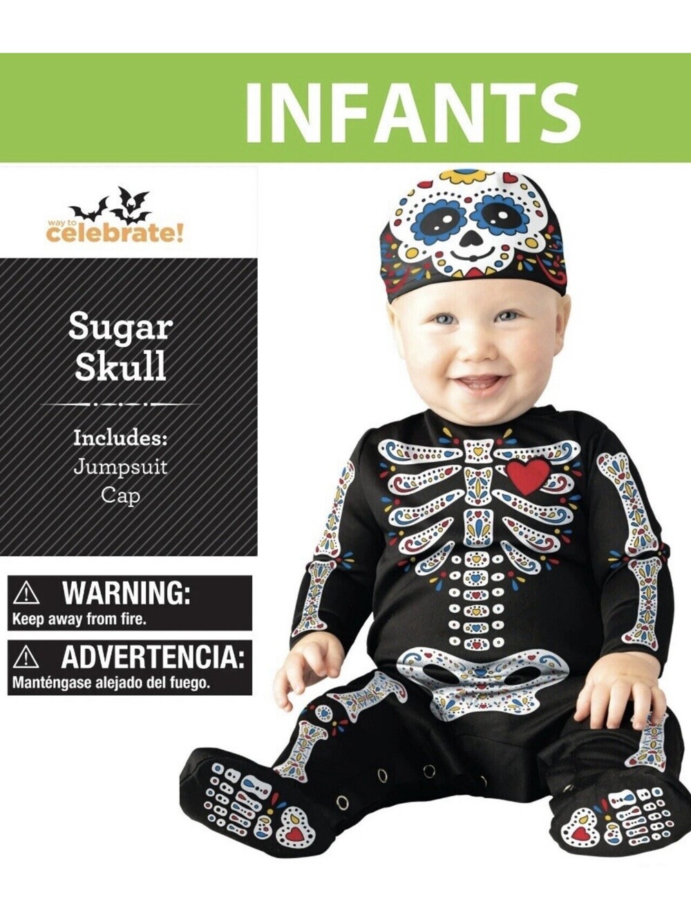 Way to Celebrate Sugar Skull infant halloween cosplay costume jumpsuit and cap 6